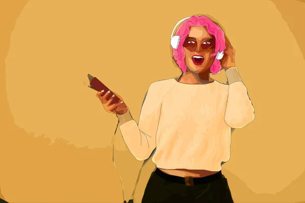 Linda chica de dibujos animados escuchando música en los auriculares —  Fotos de Stock