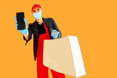Güvenli yemek teslimatı. Genç kurye, Coronavirus salgını sırasında maske ve eldivenle müşterinin evine yiyecek siparişi veriyor. karikatür çizimi sarı arkaplanda izole edildi.