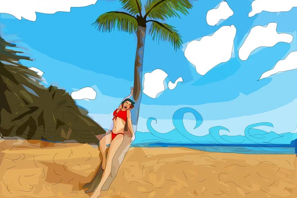 熱帯のビーチで女性 夏休みのイラストで笑顔の女の子 — ストック写真