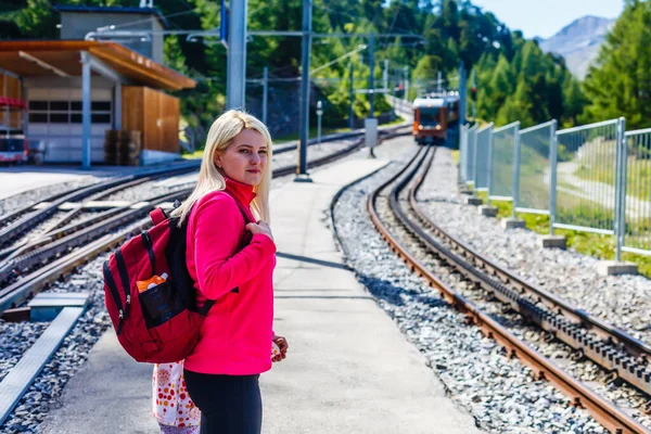 Swiss mountain train crossed Alps, railway in the mountains