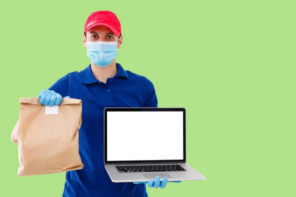 Delivery Man Cap Shirt Uniform Face Mask Gloves Hold Cardboard — Stock Photo, Image