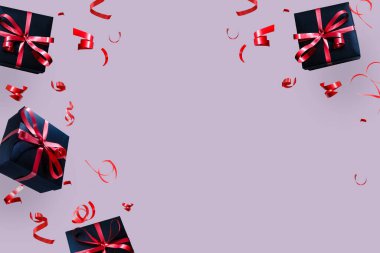 Pembe arka planda yüzen mavi hediye kutusu arasında kırmızı kurdeleli beyaz hediye kutusu. minimal noel konsepti fikri.