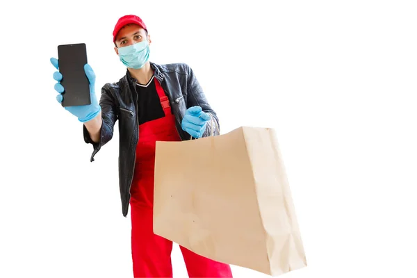 Delivery Man Mask Gloves Bring Fresh Food Customer Home Stay — Stock Photo, Image