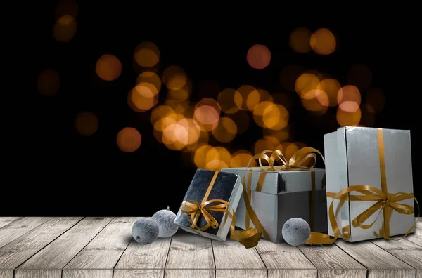 Cadeaux Noël Avec Ruban Sur Fond Bois Foncé Dans Style — Photo