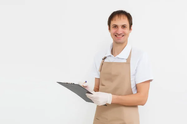 Entrega Cara Segurando Uma Área Transferência Isolada Fundo Branco — Fotografia de Stock