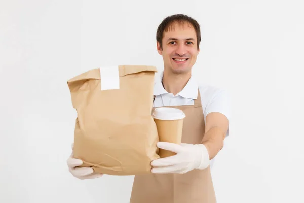 Guardar Saco Papel Comida Xícara Café Fundo Cinza Claro Lugar — Fotografia de Stock