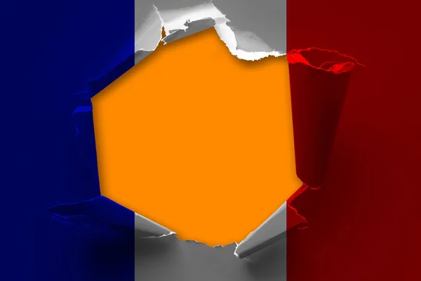 Concept National Flag Denim Background Hole France — Stock Photo, Image