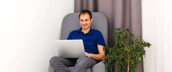 Happy Young Man Shirt Sitting Sofa Home Working Laptop Computer — Stock Photo, Image