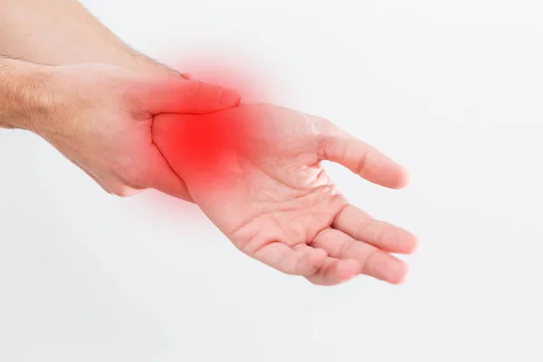 Man Wrist Hurts Damaged Female Hand Hurts Hands Suffer Work — Stock Photo, Image