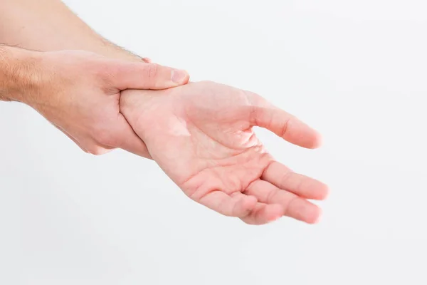 Man Wrist Hurts Damaged Female Hand Hurts Hands Suffer Work — Stock Photo, Image