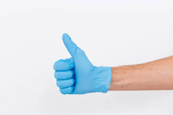 Hand Van Chirurg Blauwe Medische Handschoen Met Teken Geïsoleerd Een — Stockfoto