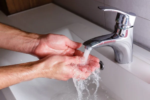 Man Washes His Hands White Washbasin — Stock Photo, Image