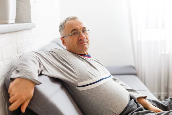 Elderly Man Sitting Chair His Home Closeup Copy Space — Stock Photo, Image