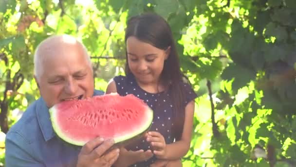 Bambino felice che mangia anguria. Il ragazzo mangia frutta all'aperto. Bambina che gioca in giardino mordendo una fetta di anguria. — Video Stock