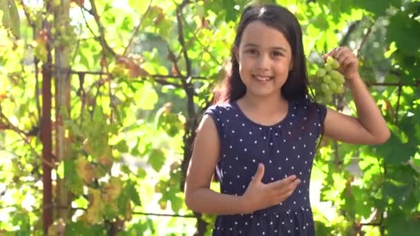 Petite fille avec des sourires de raisins et montre un tas — Video