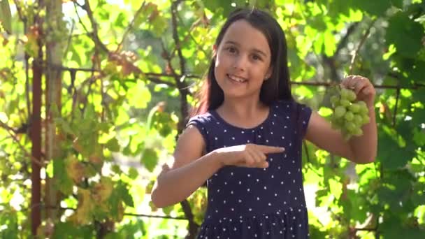 Klein meisje met druiven glimlacht en toont een bos — Stockvideo