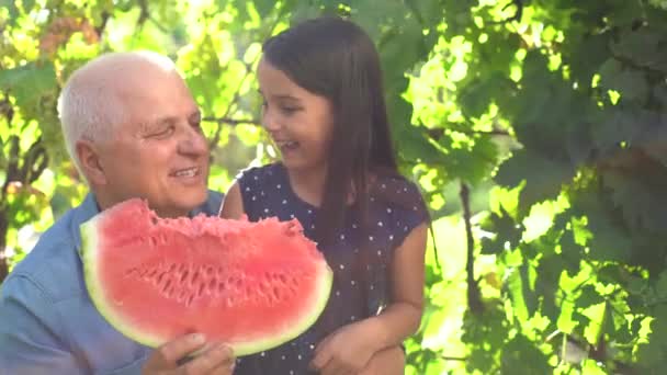 Szczęśliwe dziecko jedzące arbuza. Dzieciak je owoce na dworze. Mała dziewczynka bawiąca się w ogrodzie gryzie kawałek arbuza. — Wideo stockowe