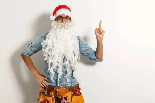 Santa Claus Young Happy Emotional Santa Man Winner Gesture Formula — Stock Photo, Image