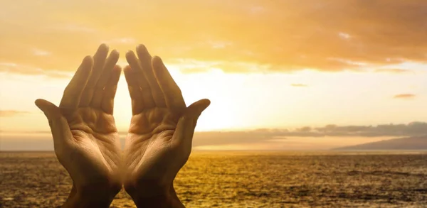 Hands Together Praying Bright Sky — Stock Photo, Image
