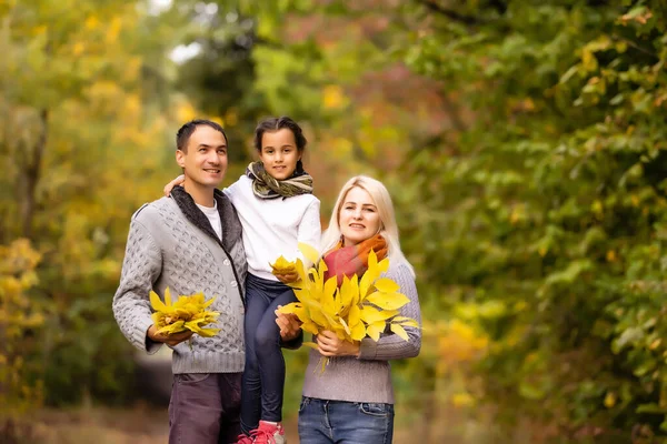 Feliz Família Divertindo Livre Parque Outono Contra Fundo Folhas Borradas — Fotografia de Stock