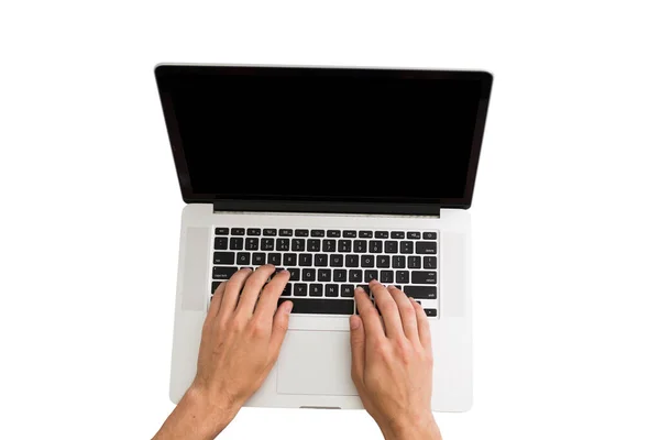 Männliche Hände Arbeiten Laptop Foto Aufgenommen Mit Ego Ansicht Isoliert — Stockfoto