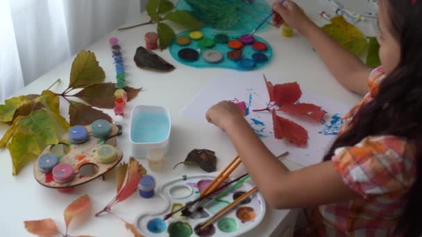 Close Little Girl Sitting Table Drawing Leaves Brush Watercolours Little — Stock Video