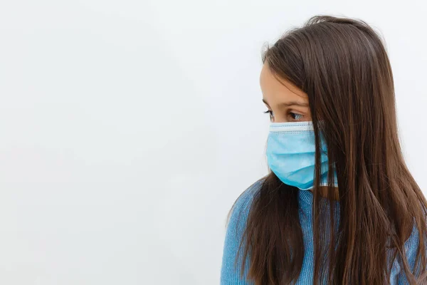 Masked Child Protection Influenza Virus Little Caucasian Girl Wearing Mask — Stock Photo, Image