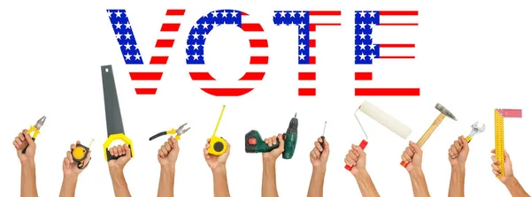 Vote Voting Konzept Die Flagge Amerikas Arbeiter Werkzeuge — Stockfoto