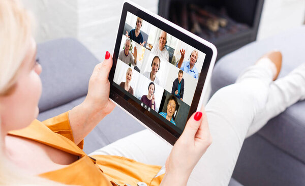 Many portraits faces of diverse young and aged people webcam view, while engaged in videoconference on-line meeting. Group video call application easy usage concept