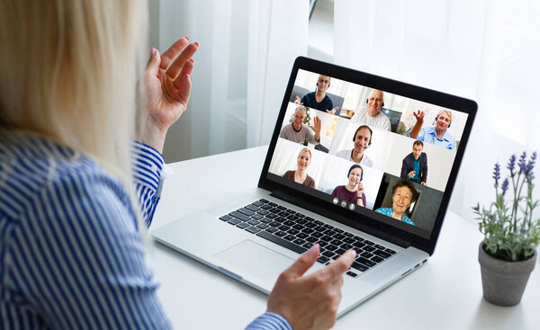 Many portraits faces of diverse young and aged people webcam view, while engaged in videoconference on-line meeting. Group video call application easy usage concept