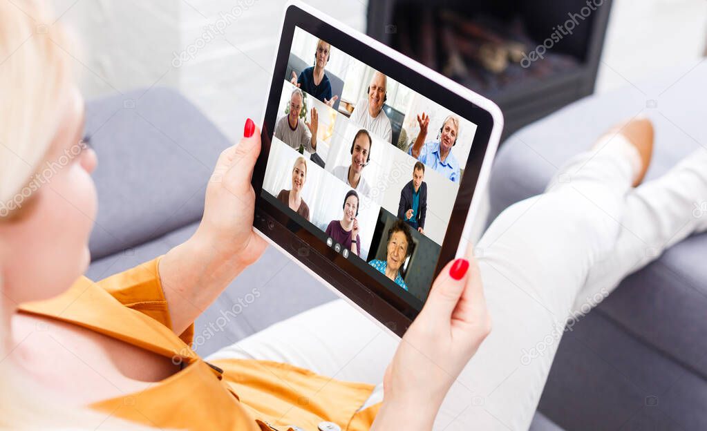 Many portraits faces of diverse young and aged people webcam view, while engaged in videoconference on-line meeting. Group video call application easy usage concept