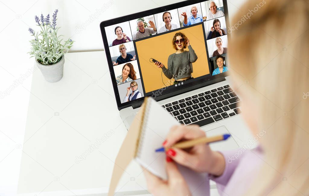 Headshot screen application view of diverse multiracial employees have work web conference using modern platform, smiling multiethnic colleagues talk speak online brainstorm on video 