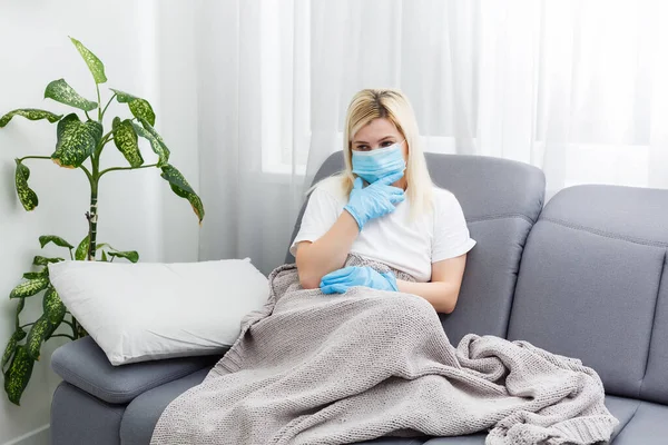 Sick Woman Covered Blanket Lying Bed High Fever Flu Resting — Stock Photo, Image