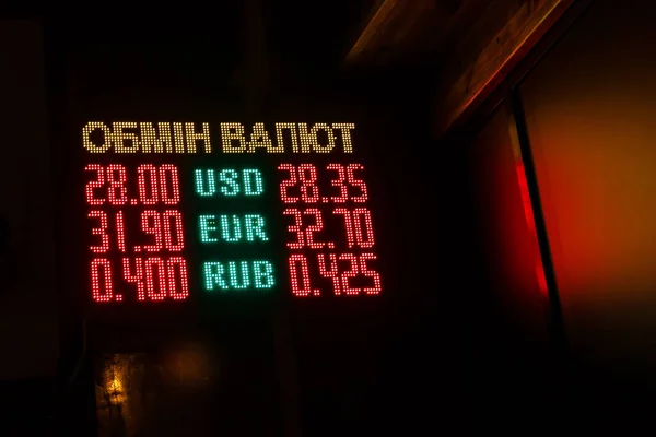 Currency exchange rate display. Digital led display board. Dollar, euro, russian ruble exchange rate