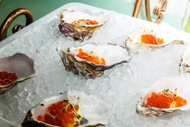 Mavi tabakta taze istiridye, istiridye, limon ve buzla servis edilir. Sağlıklı deniz ürünleri. Restoranda şampanyayla istiridye yemeği. Gurme yemeği. Yüksek kalite fotoğraf