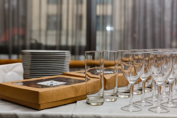 Set Empty Wine Glasses Row White Background Party Restaurant — Stock Photo, Image