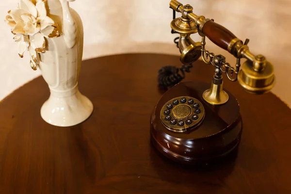 Retro Phone Wooden Table Vintage Telephone Brown Golden Color White — Stock Photo, Image