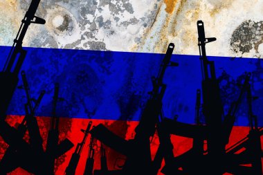 Several automatic rifles raised up on the background of the Russian flag. High quality photo clipart