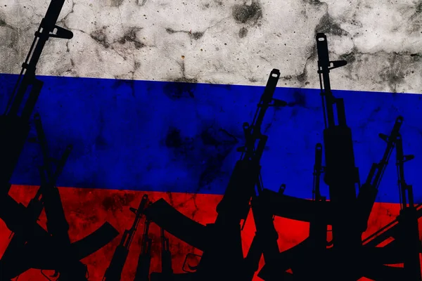 Several Automatic Rifles Raised Background Russian Flag High Quality Photo — Stock Photo, Image