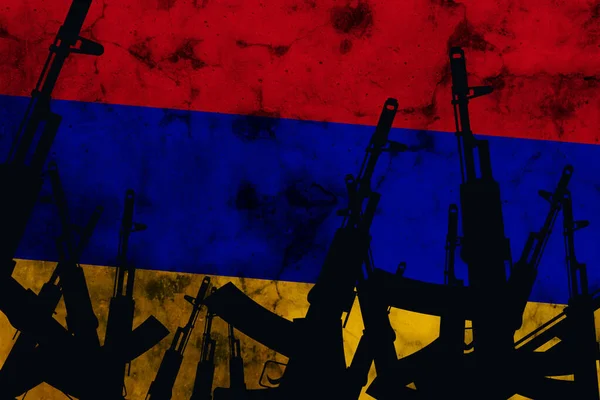 Several Automatic Rifles Raised Background Venezuelan Flag High Quality Photo — Stock Photo, Image