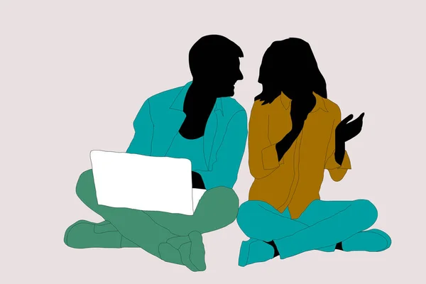Romantisches Schwarzes Paar Silhouetten Laptop — Stockfoto
