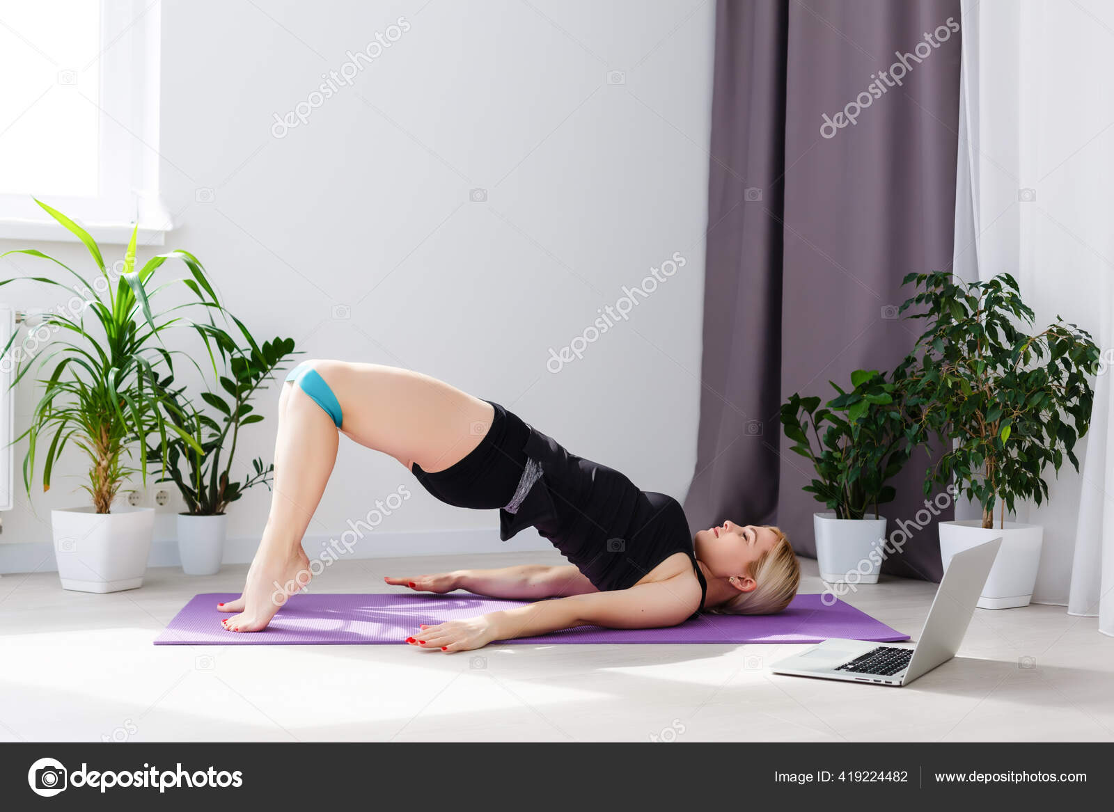 Alone Girl Medical Mask Doing Yoga Exercises Floor Light Room