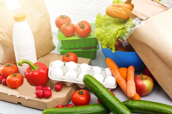 Healthy food background, vegetables, fruits, eggs and dairy products on white table, top view — Stock Image Healthy Food Background Vegetables Fruits Eggs Dairy Products White Table Stock Picture
