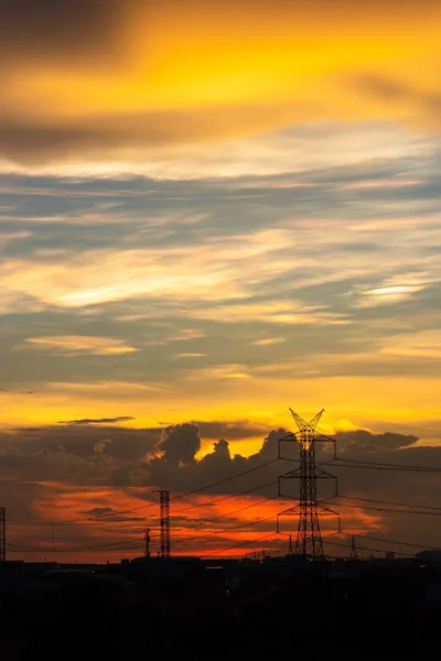 Πόλο Υψηλής Τάσης Σιλουέτα Sunset — Φωτογραφία Αρχείου