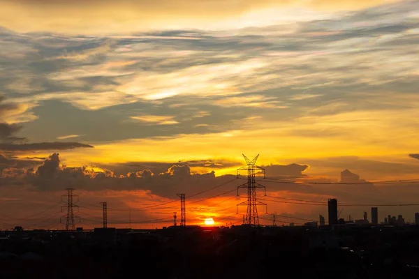 Πόλο Υψηλής Τάσης Σιλουέτα Sunset — Φωτογραφία Αρχείου