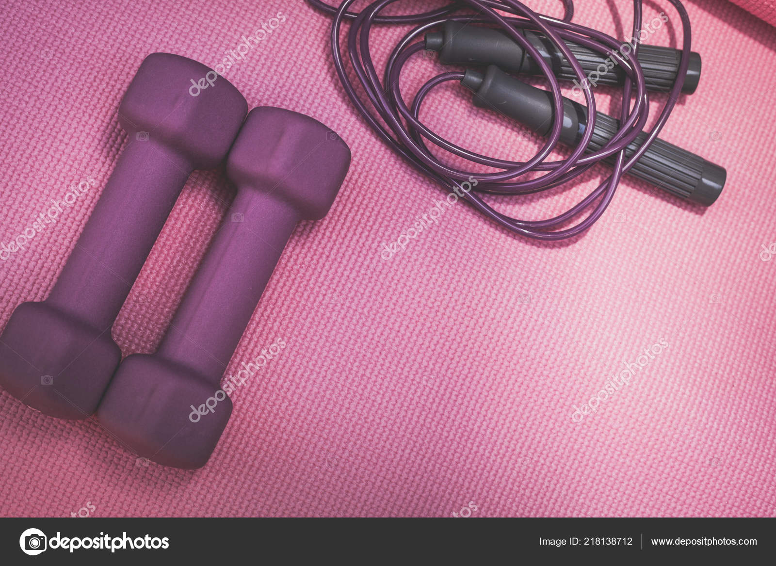 Photo Two Purple Weights Skipping Rope Pink Yoga Mat Stock Photo