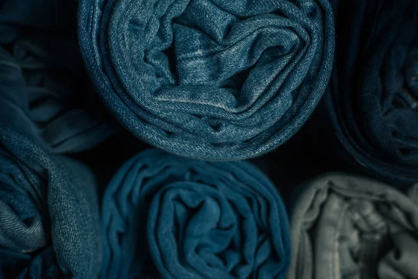 Closeup Photo Several Rolled Pairs Jeans — Stock Photo, Image