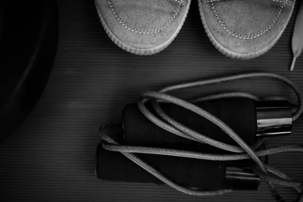 Black White Photo Leather Skipping Rope Pair Vintage Trainers — Stock Photo, Image