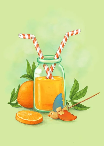 digital illustration featuring a traditional bottle of orange juice and a wooden bird toy
