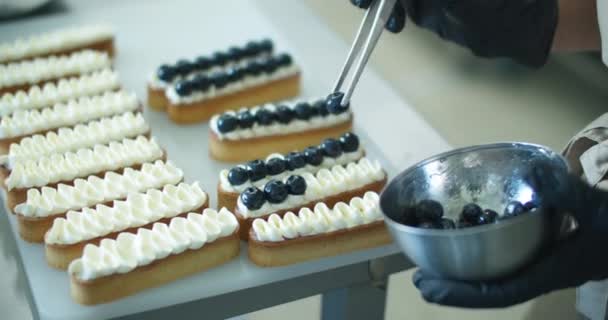 Kvinnors händer dekorera en grädde dessert, försiktigt placera blåbär på desserten på köksbordet. Närbild — Stockvideo